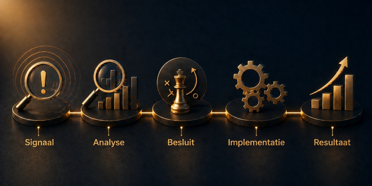 Aanpak van VANTROQ: signaal, analyse, besluit, implementatie en resultaat.